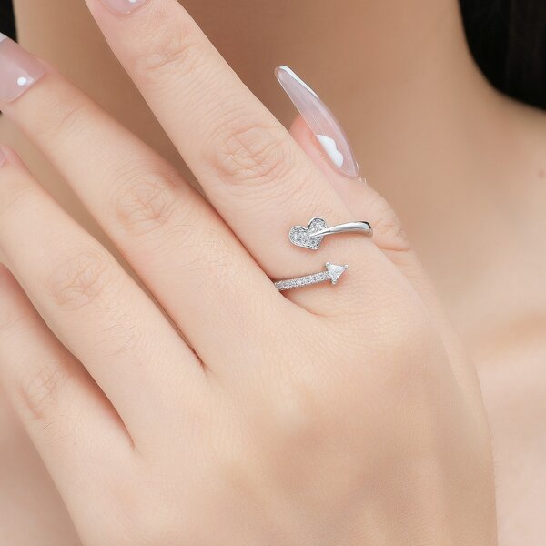 

Zircon Heart Decor Cuff Ring, Silver