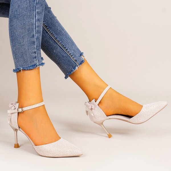 

Glitter Bow Decor Ankle Strap Pumps, Silver