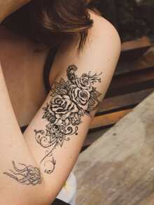 Adesivo de tatuagem de padrão rosa 1 folha - Preto - Visão 2