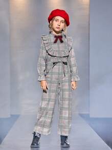 SHEIN Girls Tartan Plaid Pattern Belted Ruffle Detail Jumpsuit - Multicolor - View 1
