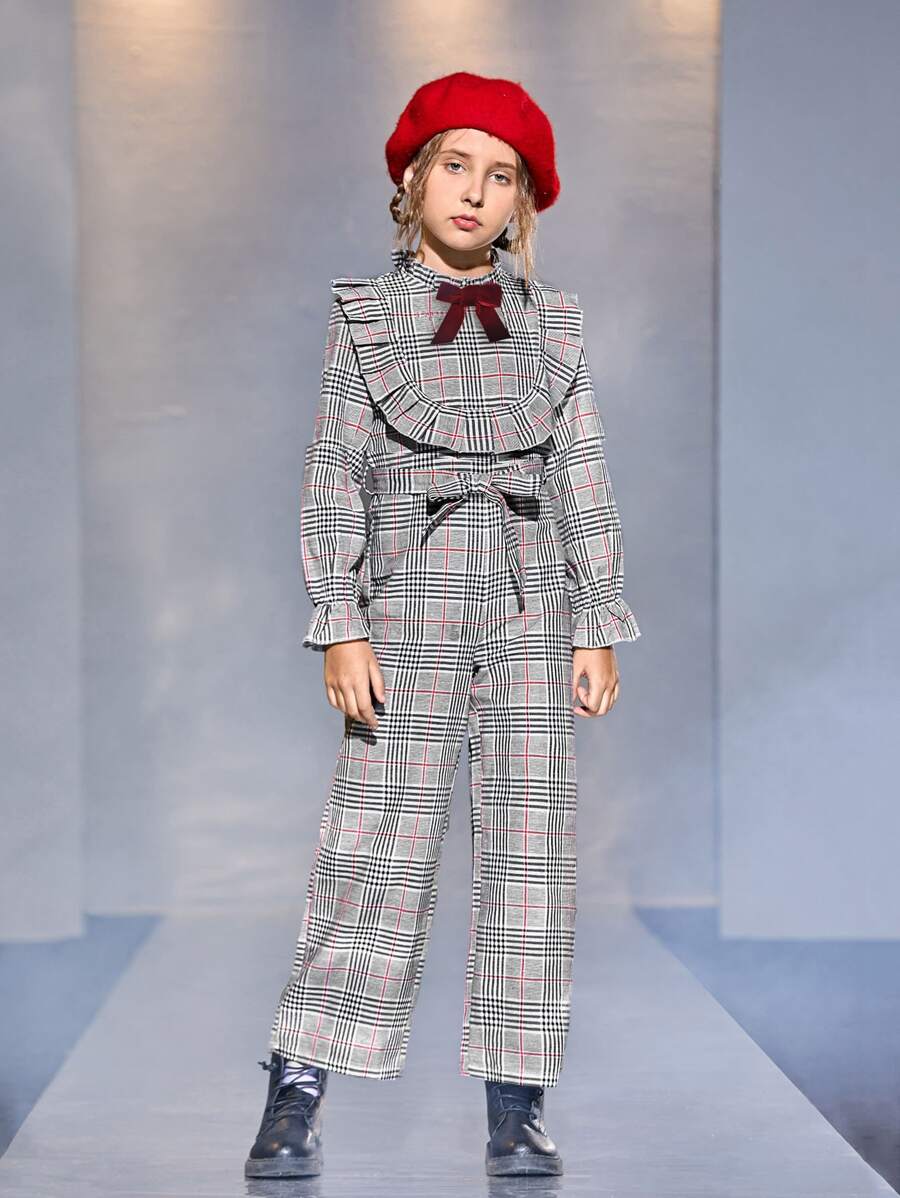 SHEIN Girls Tartan Plaid Pattern Belted Ruffle Detail Jumpsuit - Multicolor - View 1
