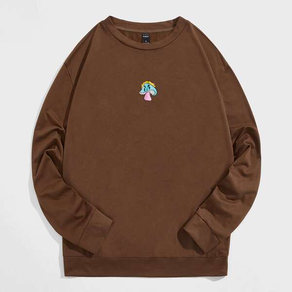 

Men Drop Shoulder Mushroom Print Pullover, Chocolate brown