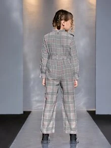 SHEIN Girls Tartan Plaid Pattern Belted Ruffle Detail Jumpsuit - Multicolor - View 2