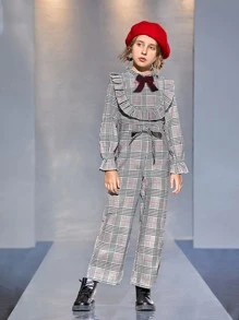 SHEIN Girls Tartan Plaid Pattern Belted Ruffle Detail Jumpsuit - Multicolor - View 3