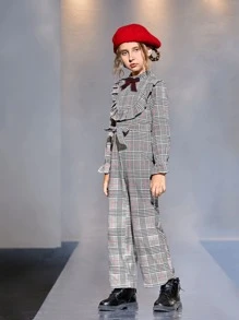 SHEIN Girls Tartan Plaid Pattern Belted Ruffle Detail Jumpsuit - Multicolor - View 4