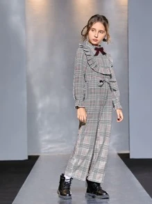 SHEIN Girls Tartan Plaid Pattern Belted Ruffle Detail Jumpsuit - Multicolor - View 5