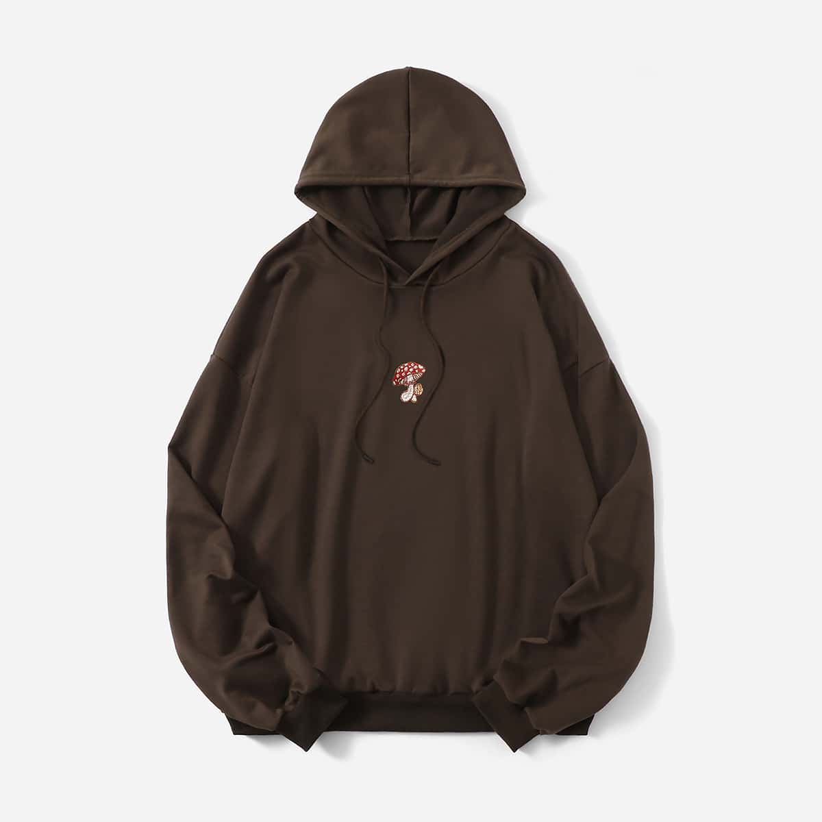 

Mushroom Embroidery Kangaroo Drawstring Hoodie, Chocolate brown