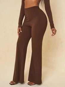 Ribbed Knit High Waist Flare Leg Trousers - Coffee Brown - View 1