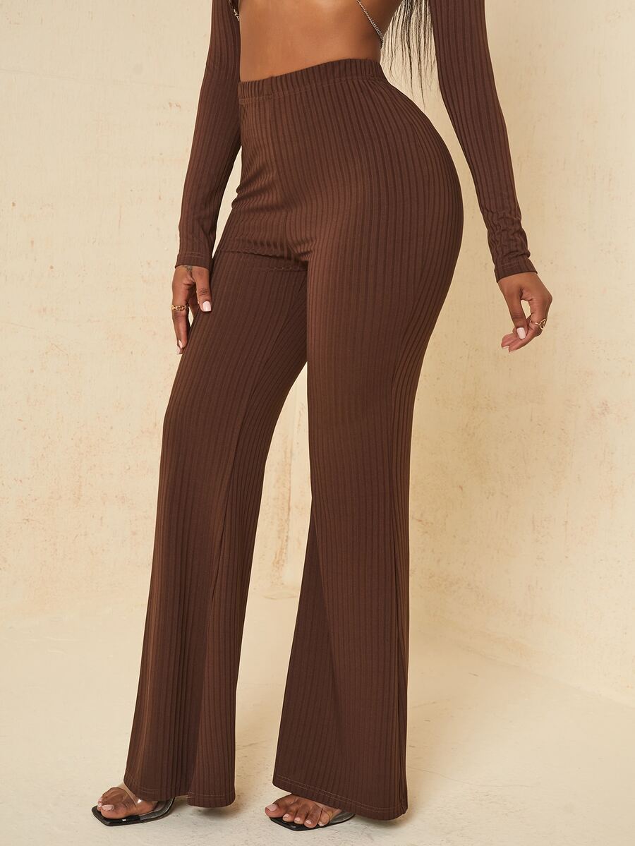 Ribbed Knit High Waist Flare Leg Trousers - Coffee Brown - View 1