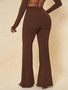 Ribbed Knit High Waist Flare Leg Trousers - Coffee Brown - View 2