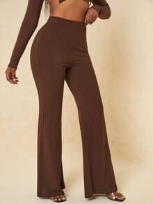 Ribbed Knit High Waist Flare Leg Trousers - Coffee Brown - View 3
