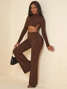 Ribbed Knit High Waist Flare Leg Trousers - Coffee Brown - View 4