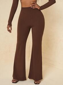 Ribbed Knit High Waist Flare Leg Trousers - Coffee Brown - View 5