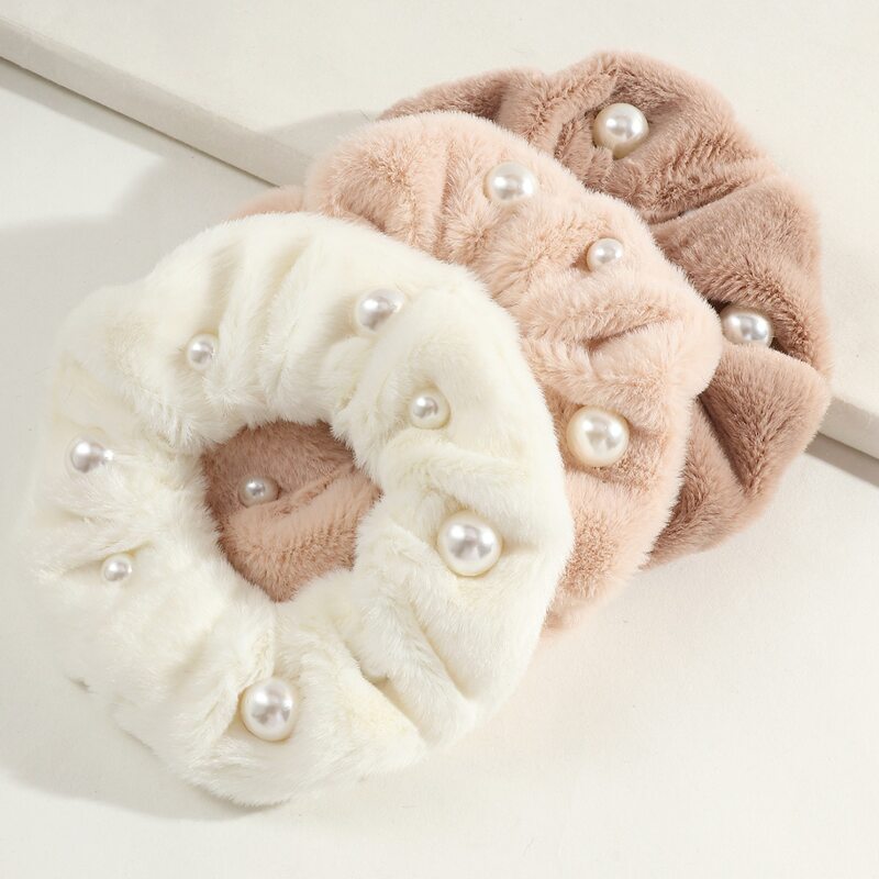 

3pcs Faux Pearl Decor Fluffy Scrunchie, Multicolor