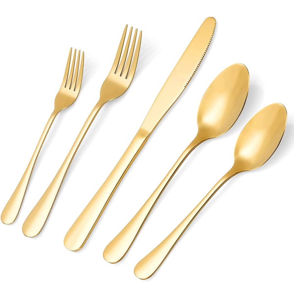 

5pcs Stainless Steel Solid Color Cutlery, Gold