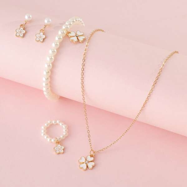 

5pcs Girls Flower & Faux Pearl Decor Jewelry Set, White