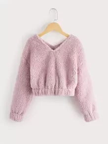 SHEIN Girls Drop Shoulder Flannel Pullover - Baby Pink - View 1