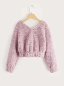 SHEIN Girls Drop Shoulder Flannel Pullover - Baby Pink - View 2