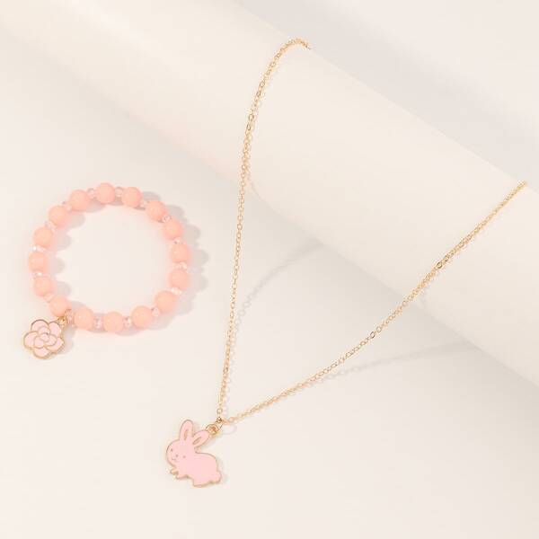 

Girls Flower Charm Bracelet & Necklace, Pink