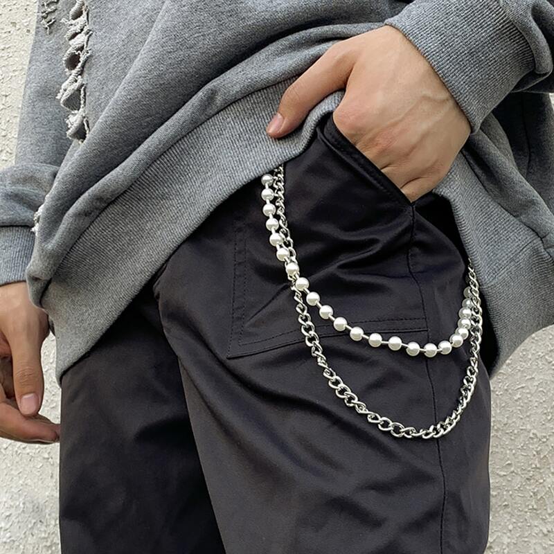 

Guys Faux Pearl Decor Pants Chain, Silver
