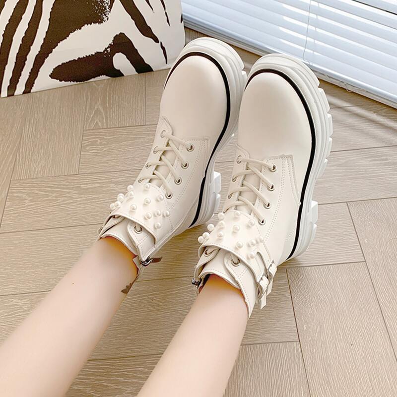 

Faux Pearl Decor Combat Boots, White