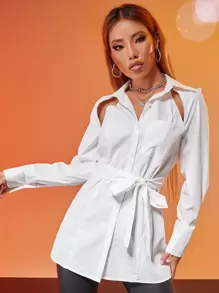 SHEIN Unity Áo sơ mi nữ Thắt lưng Nút Cắt ra màu trơn Thanh lịch - trắng - Xem 1