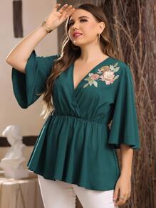 Plus Floral Embroidery Surplice Neck Peplum Blouse - Teal Blue - View 1