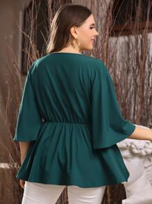 Plus Floral Embroidery Surplice Neck Peplum Blouse - Teal Blue - View 2