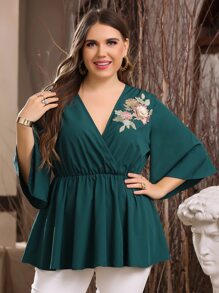 Plus Floral Embroidery Surplice Neck Peplum Blouse - Teal Blue - View 4
