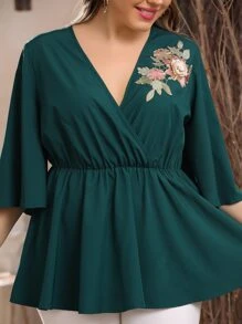 Plus Floral Embroidery Surplice Neck Peplum Blouse - Teal Blue - View 5