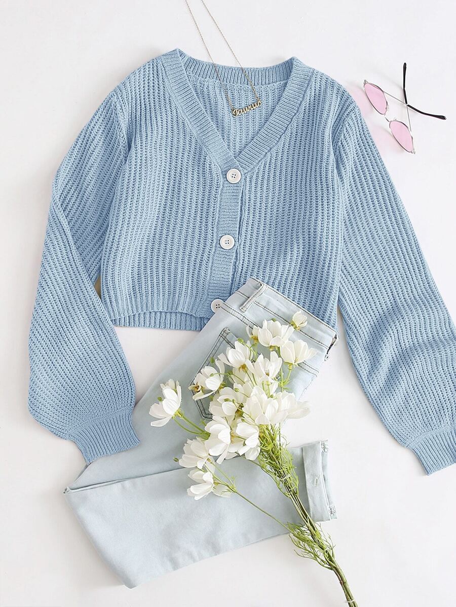 SHEIN EZwear 燈籠袖紐扣開衫 - 淺藍色 - 查看 1