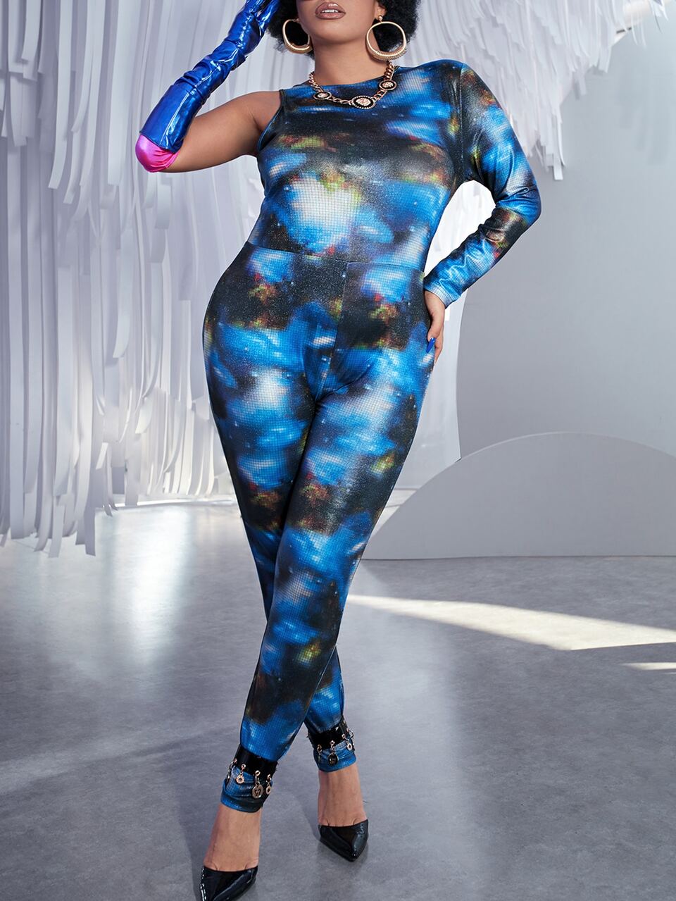 Plus Plaid And Galaxy Print Single Sleeve Unitard Jumpsuit