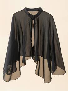 紐扣素色翻領 - 黑色 - 查看 3