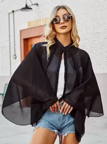 紐扣素色翻領 - 黑色 - 查看 4