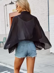 紐扣素色翻領 - 黑色 - 查看 6