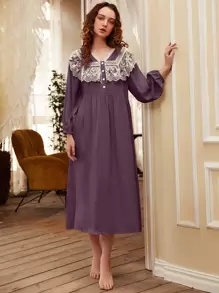 Váy ngủ có nút tương phản phía trước - Màu tím - Xem 1