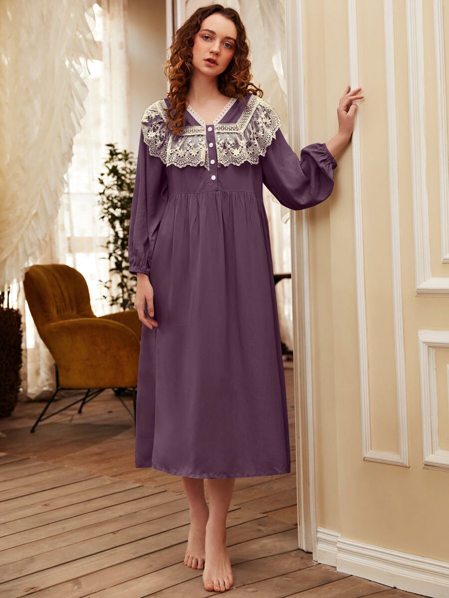 Váy ngủ có nút tương phản phía trước - Màu tím - Xem 1