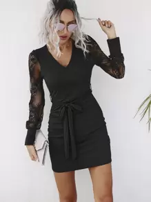 Calvaya Contrast Lace Belted Dress - Black - View 1