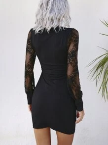 Calvaya Contrast Lace Belted Dress - Black - View 2