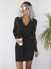 Calvaya Contrast Lace Belted Dress - Black - View 3