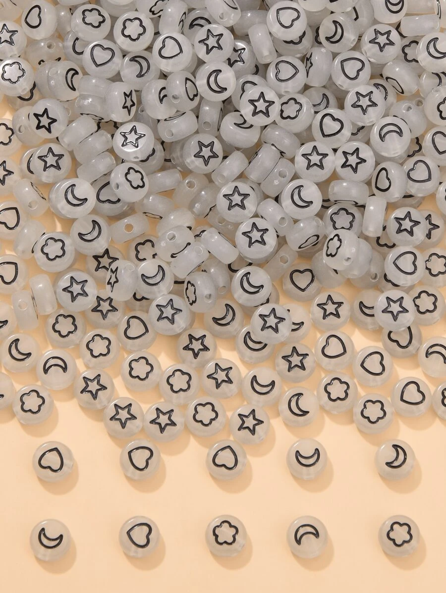 200pcs Glow In The Dark Heart & Star Pattern Bead - Black and White - View 1