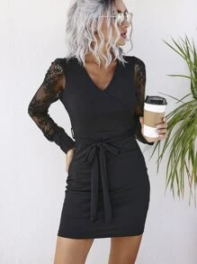 Calvaya Contrast Lace Belted Dress - Black - View 5