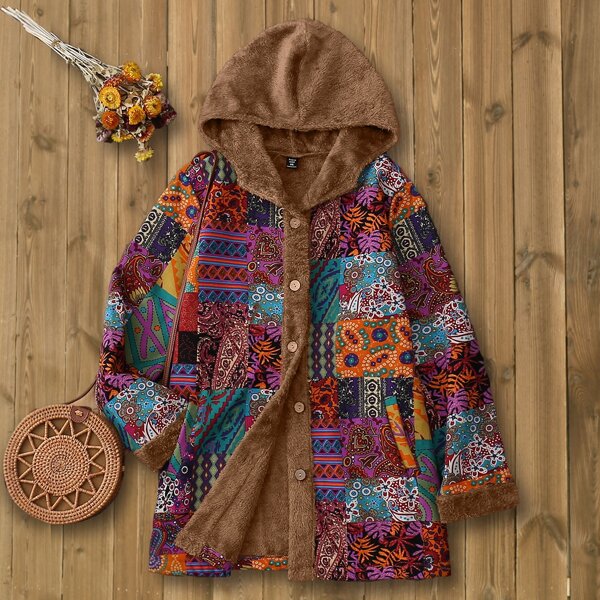 

Plus Patchwork Print Teddy Lined Hooded Coat, Multicolor