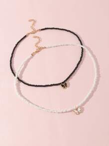 女孩2入組蝴蝶墜飾串珠項鏈 - 黑與白 - 查看 1