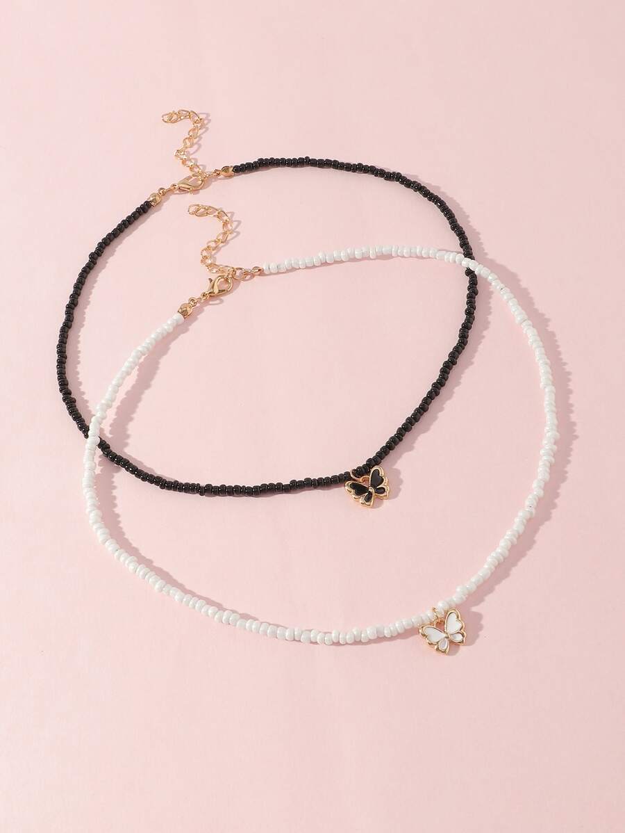 女孩2入組蝴蝶墜飾串珠項鏈 - 黑與白 - 查看 1