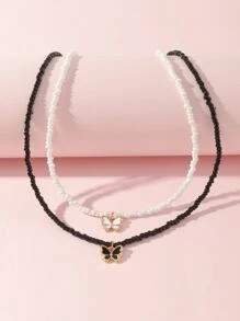 女孩2入組蝴蝶墜飾串珠項鏈 - 黑與白 - 查看 2