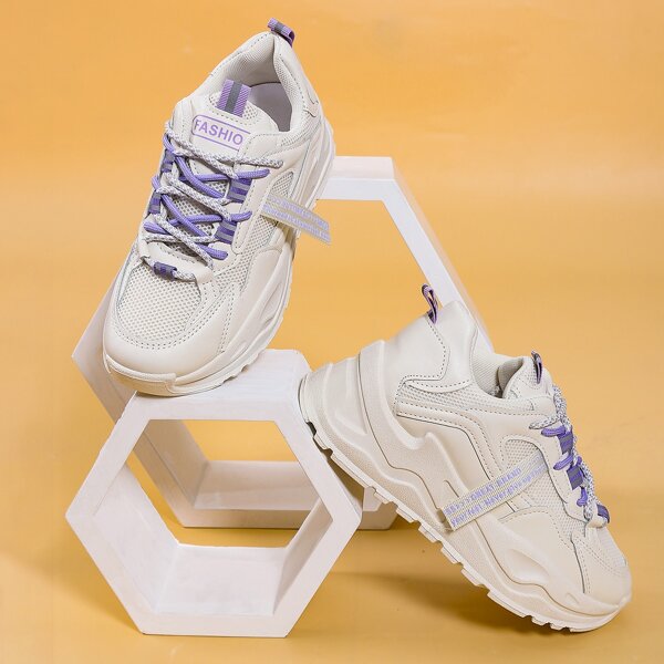 

Letter Tape Decor Lace Up Front Chunky Sneakers, Beige