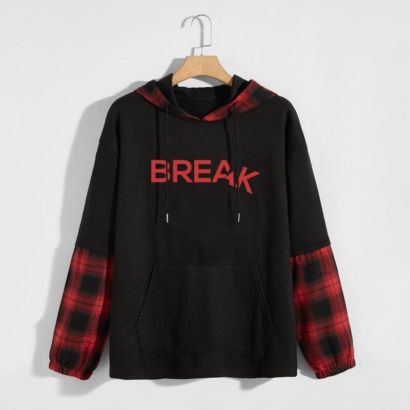 

Guys Letter Print Plaid Hoodie, Black