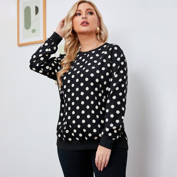 

Plus Polka Dot Drop Shoulder Sweatshirt, Black and white