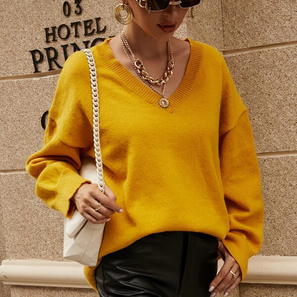 

Solid Drop Shoulder Sweater, Mustard yellow